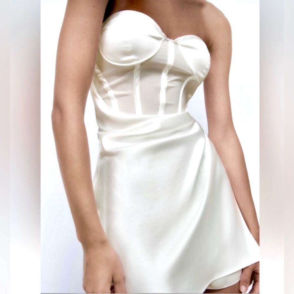 NWT Zara strapless satin corset mesh white wrap mini dress size XS 8108/362